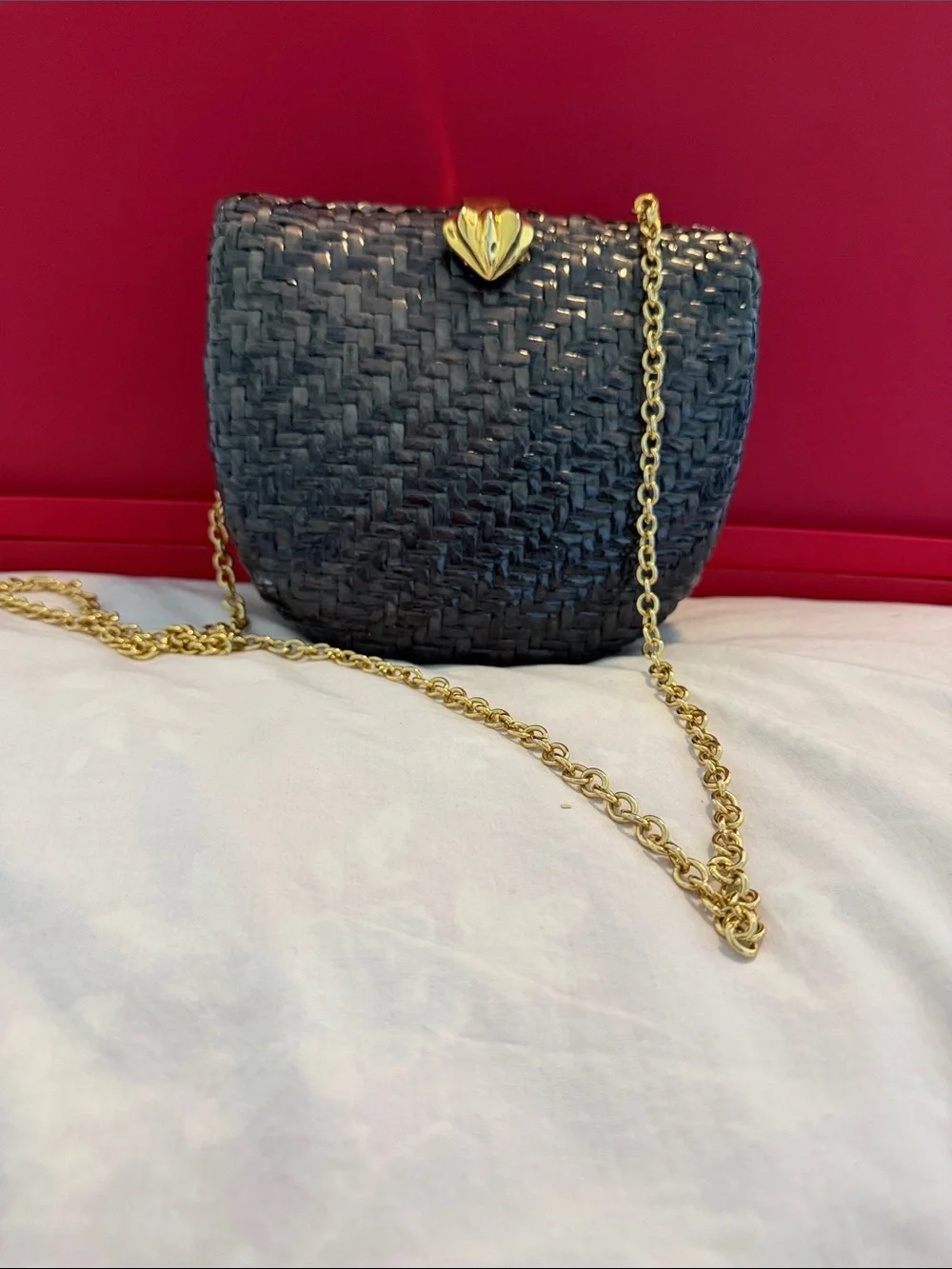Vanessa Woven Wicker Black Crossbody Bag with Gold Chain